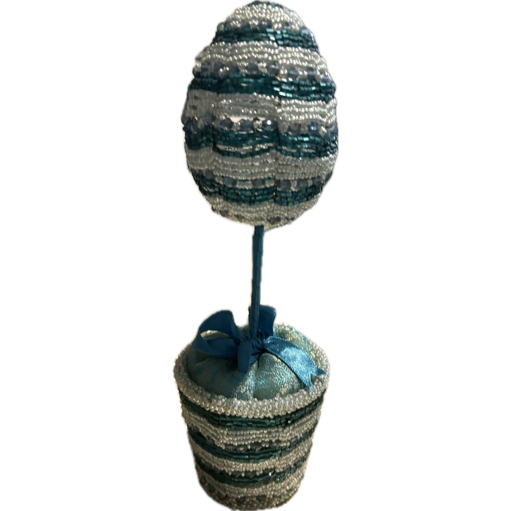 Beaded Easter Egg Topiary Teal Blue White Seed Bead Spring Tabletop Decor